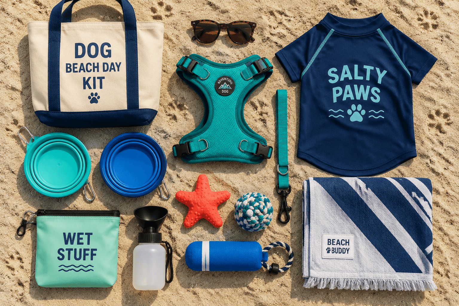 A dog beach-day kit laid out on the sand