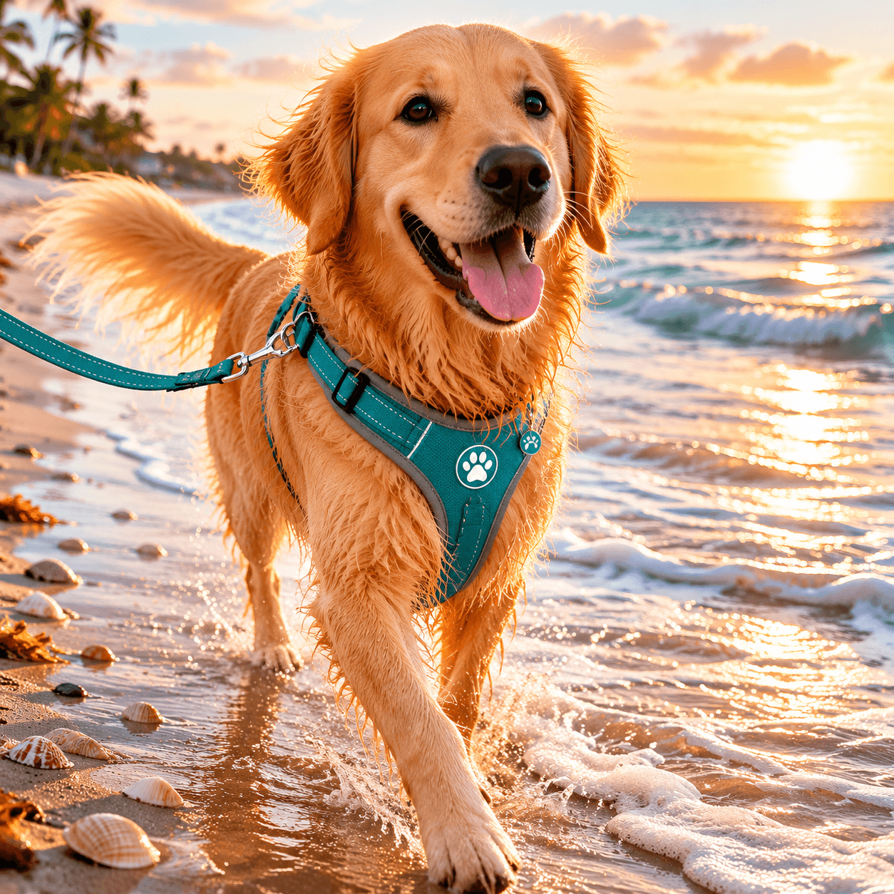 Beach Dog Harness & Leash Set in use on the beach